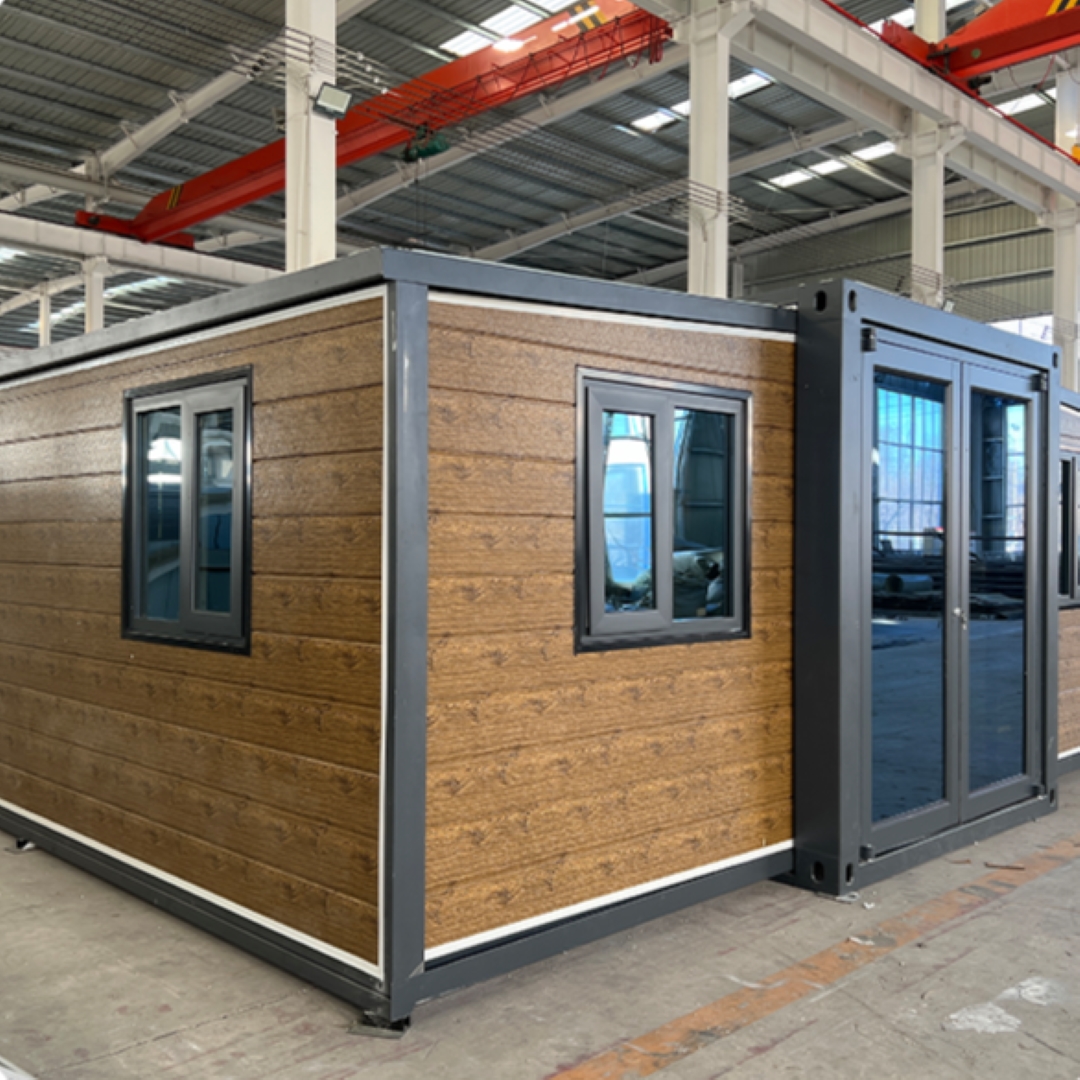Expandable Container House Exterior Carved Wood Finish and Black Square
