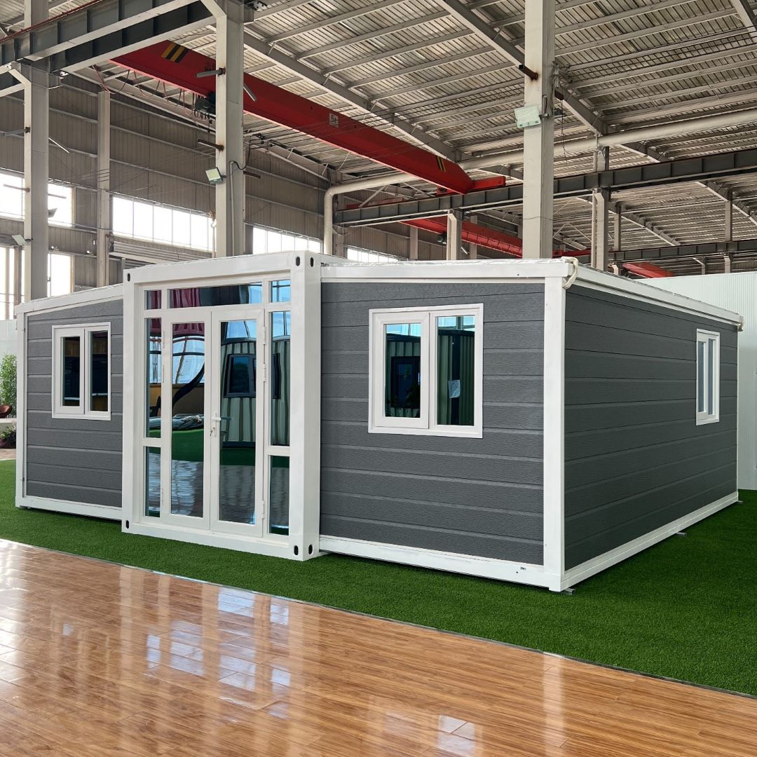 Expandable Container House White Frame Grey Carved Wood Finish
